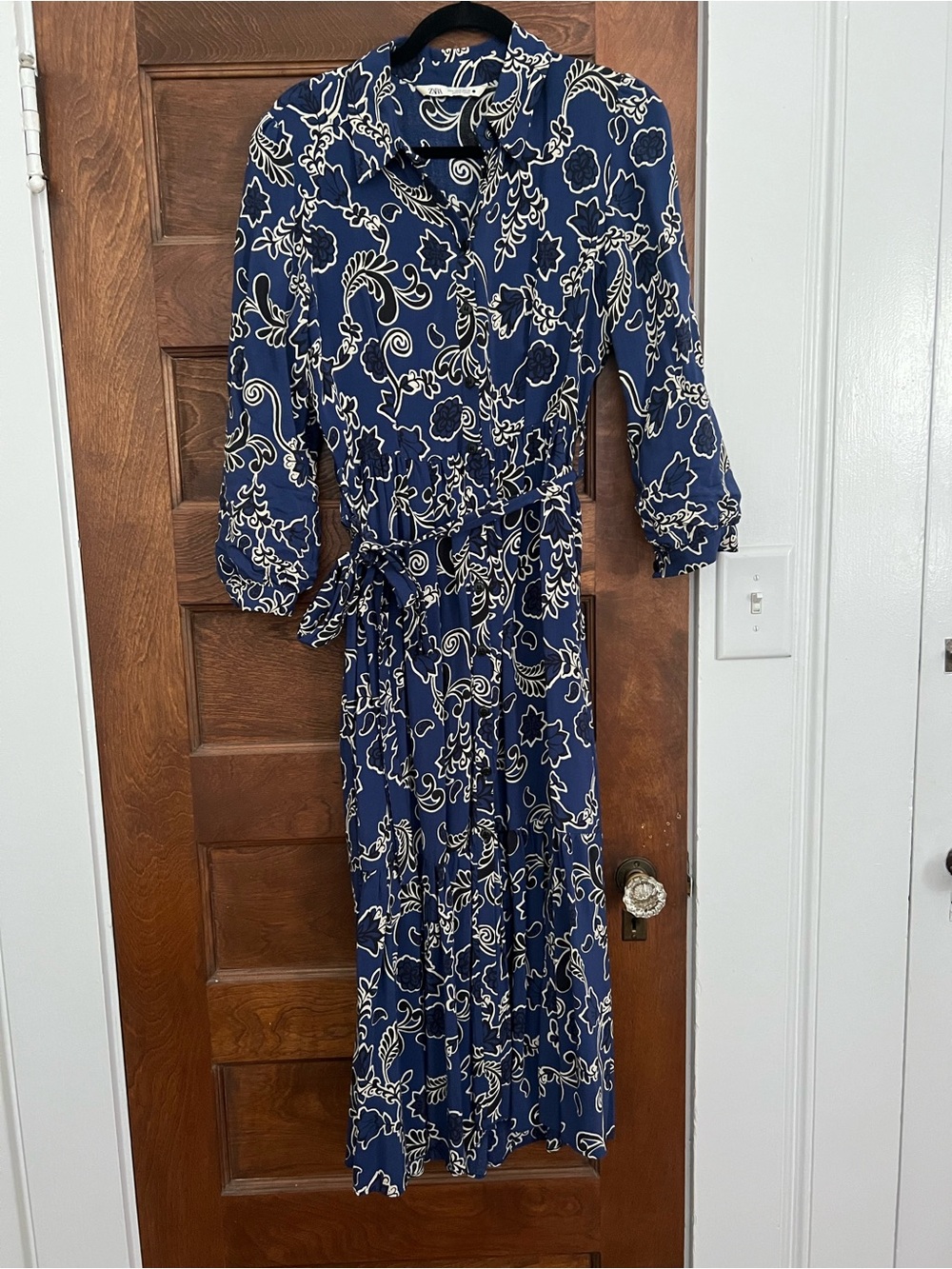 Zara Navy and Cream Floral Button-Front Maxi Dress